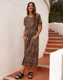 Tan Brown Leopard Print Jersey Midi Smock Dress with Pockets