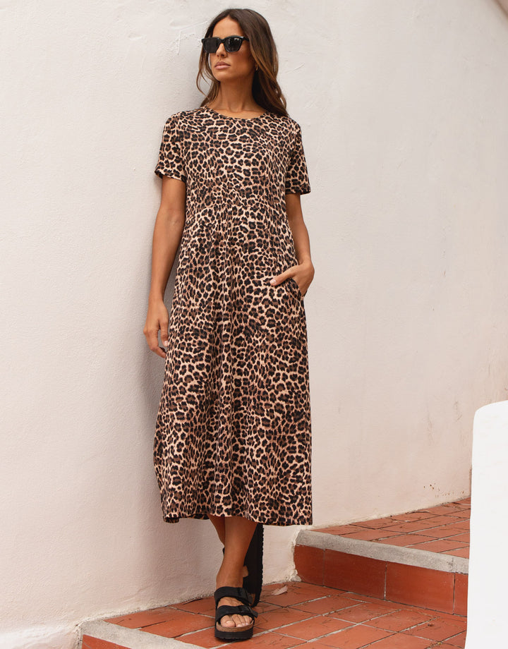 Tan Brown Leopard Print Jersey Midi Smock Dress with Pockets