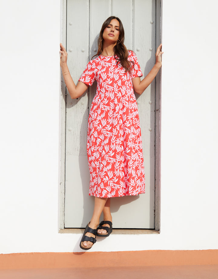 Red Leaf Print Jersey Midi Smock Dress with Pockets