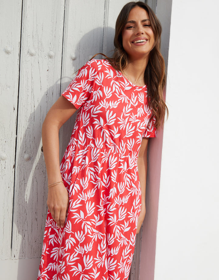 Red Leaf Print Jersey Midi Smock Dress with Pockets