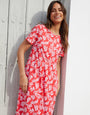 Red Leaf Print Jersey Midi Smock Dress with Pockets