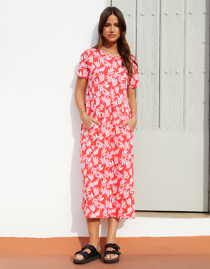 Red Leaf Print Jersey Midi Smock Dress with Pockets