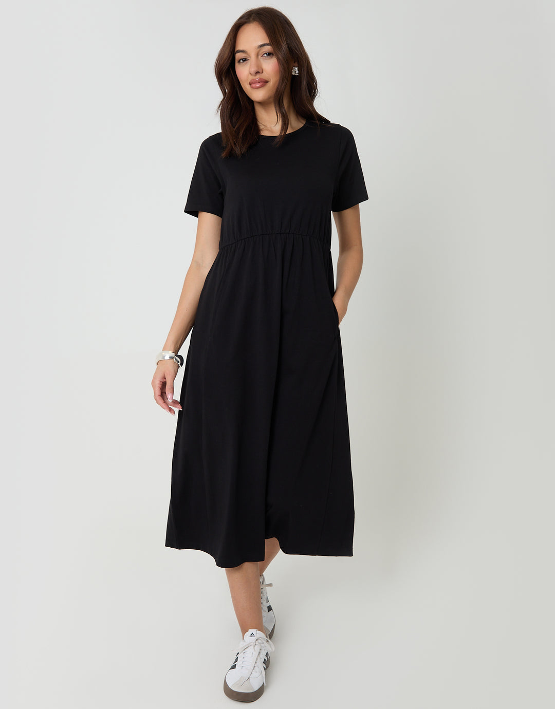 black smock midi dress Black Warehouse Broderie Plunge Neck Volume Sleeve Smock Midi Dress