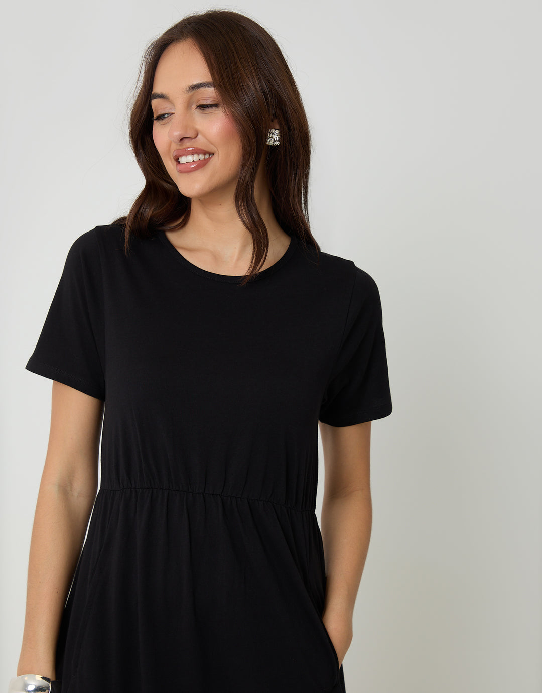Black Jersey Midi Smock Dress with Pockets