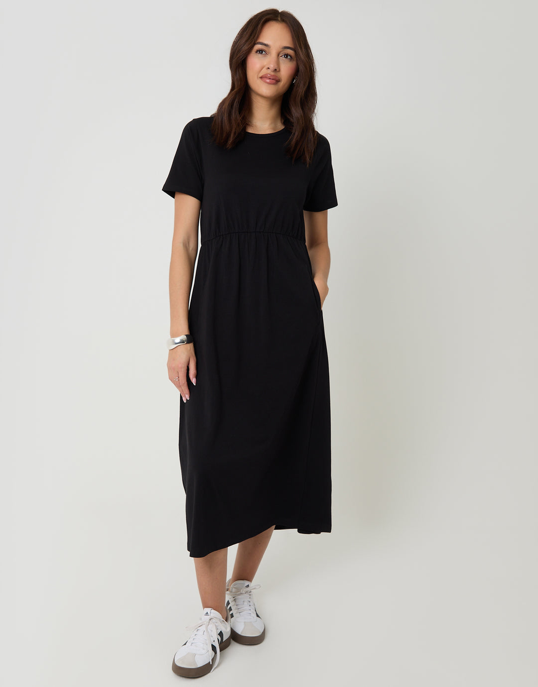 Black Jersey Midi Smock Dress with Pockets