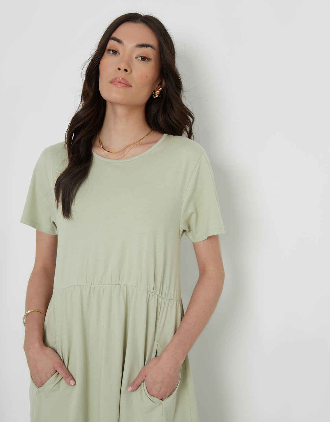 Threadbare Women's Sage Green Jersey Midi Smock Dress with Pockets Threadbare Women's Sage Green Jersey Midi Smock Dress with Pockets