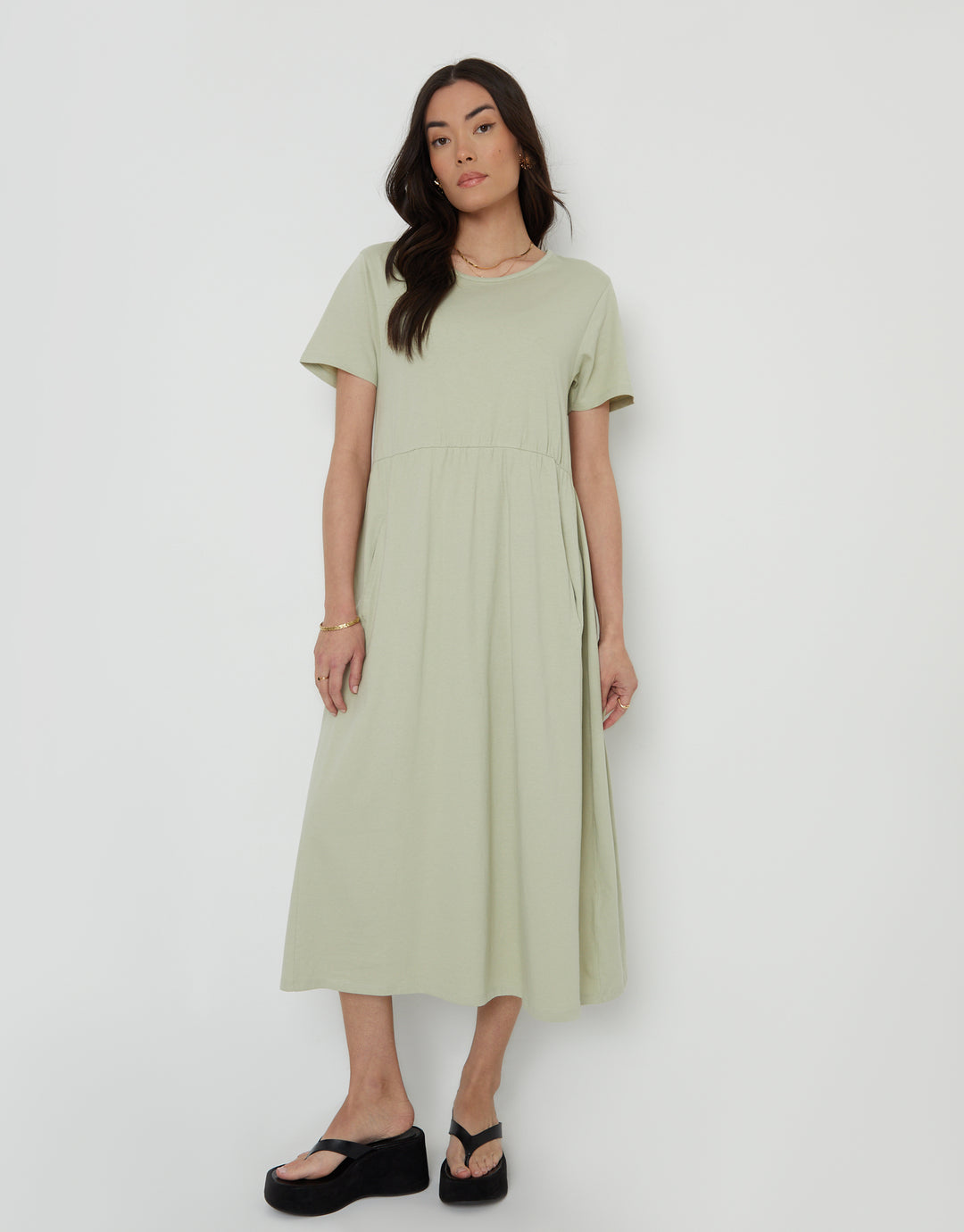 Threadbare Women's Sage Green Jersey Midi Smock Dress with Pockets Threadbare Women's Sage Green Jersey Midi Smock Dress with Pockets