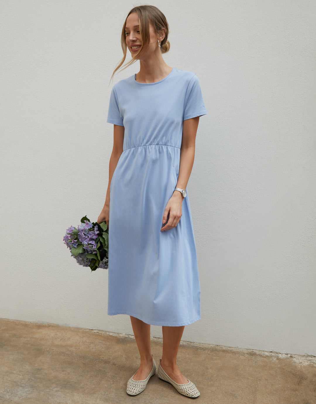 Blue Jersey Midi Smock Dress with Pockets