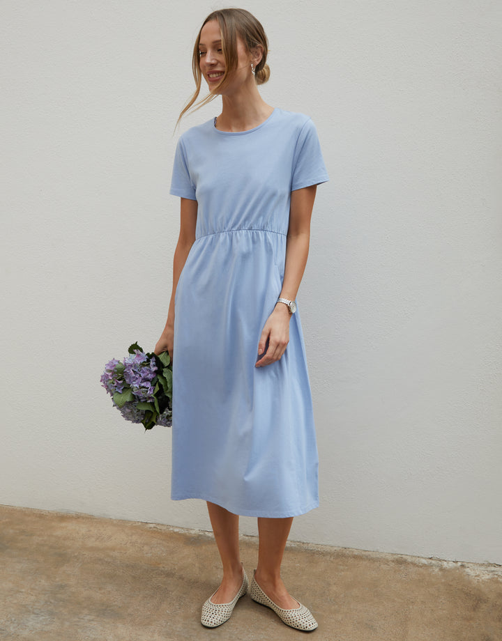 Blue Jersey Midi Smock Dress with Pockets