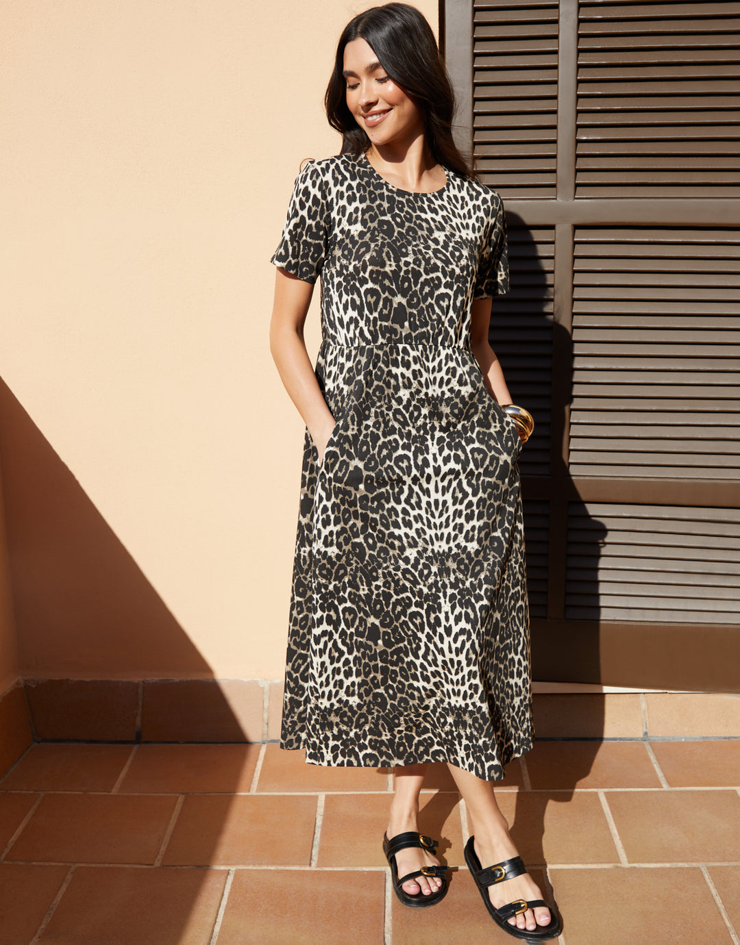 Leopard Print Jersey Midi Smock Dress with Pockets