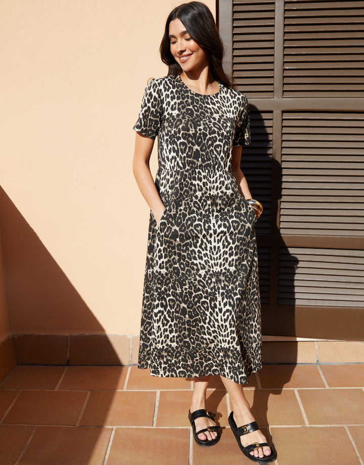 Leopard Print Jersey Midi Smock Dress with Pockets