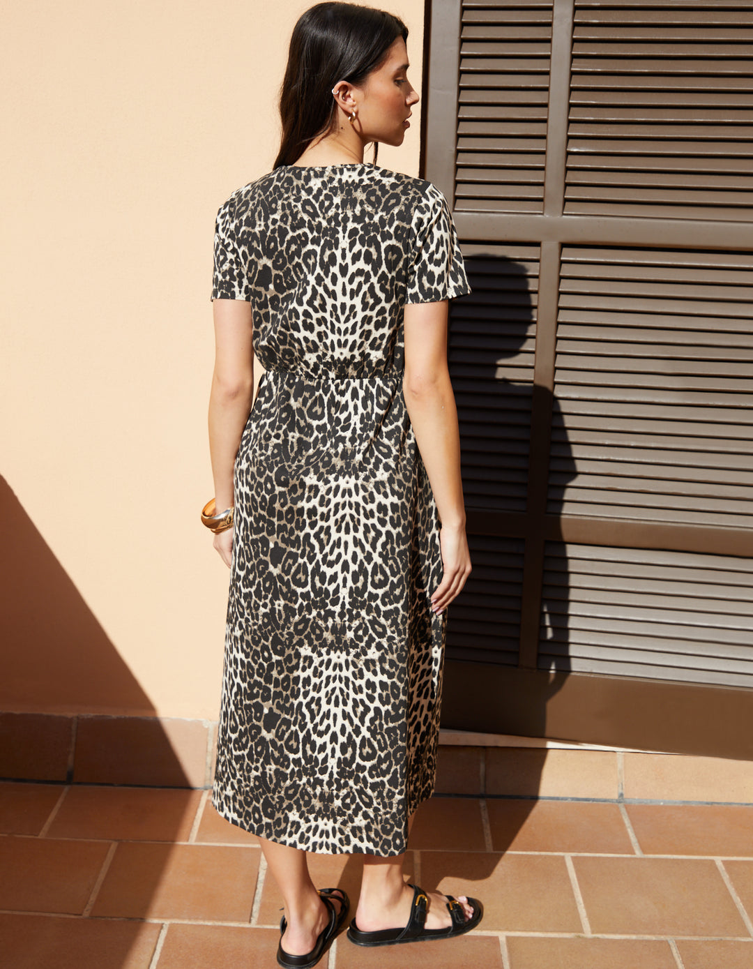 Leopard Print Jersey Midi Smock Dress with Pockets