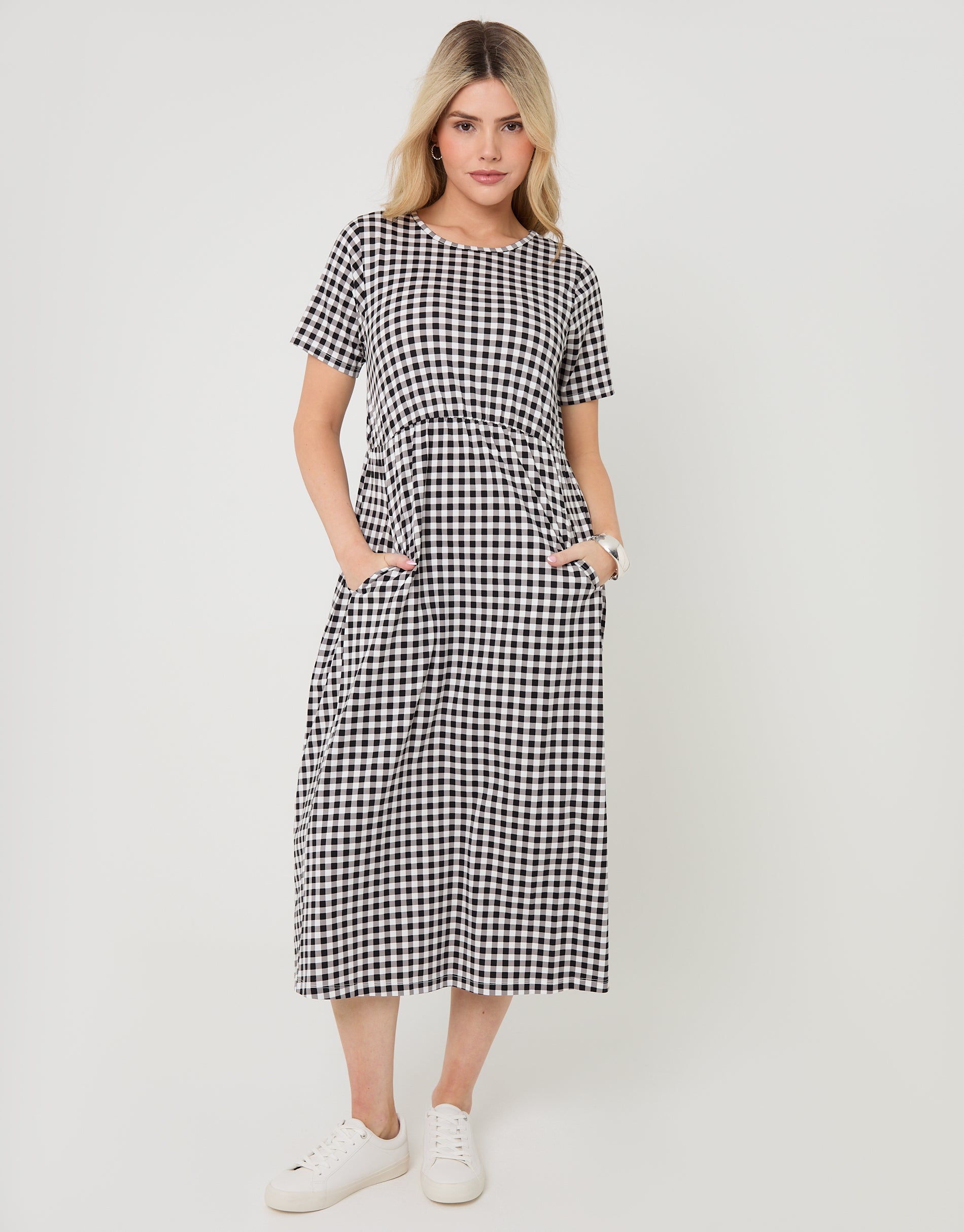 Black Gingham Jersey Midi Smock Dress with Pockets