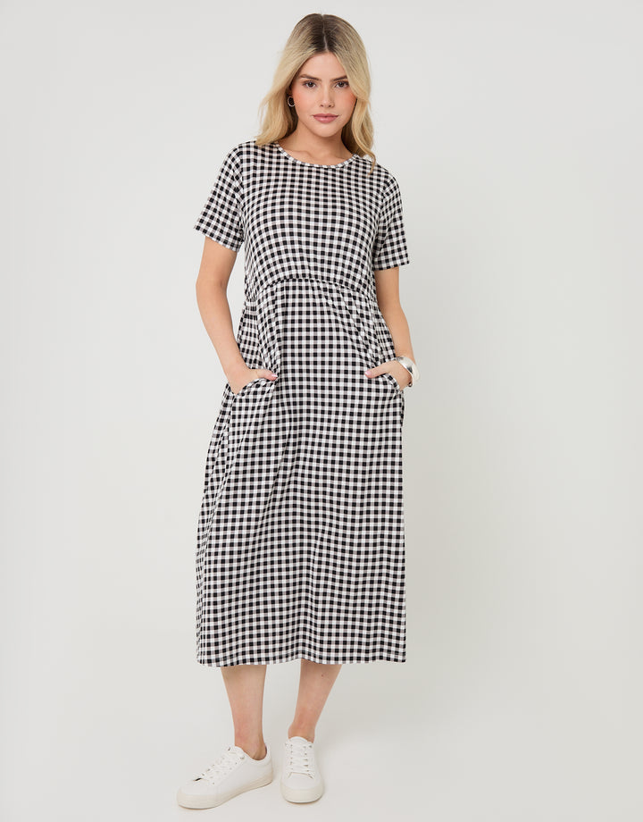 Black Gingham Jersey Midi Smock Dress with Pockets