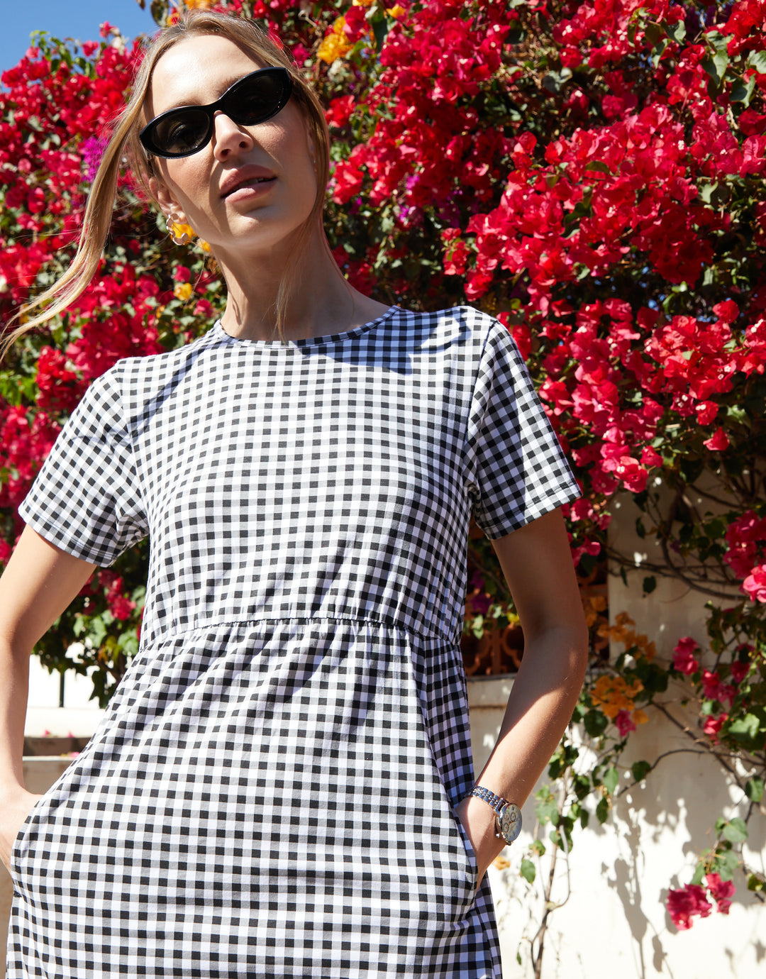 Black Gingham Jersey Midi Smock Dress with Pockets