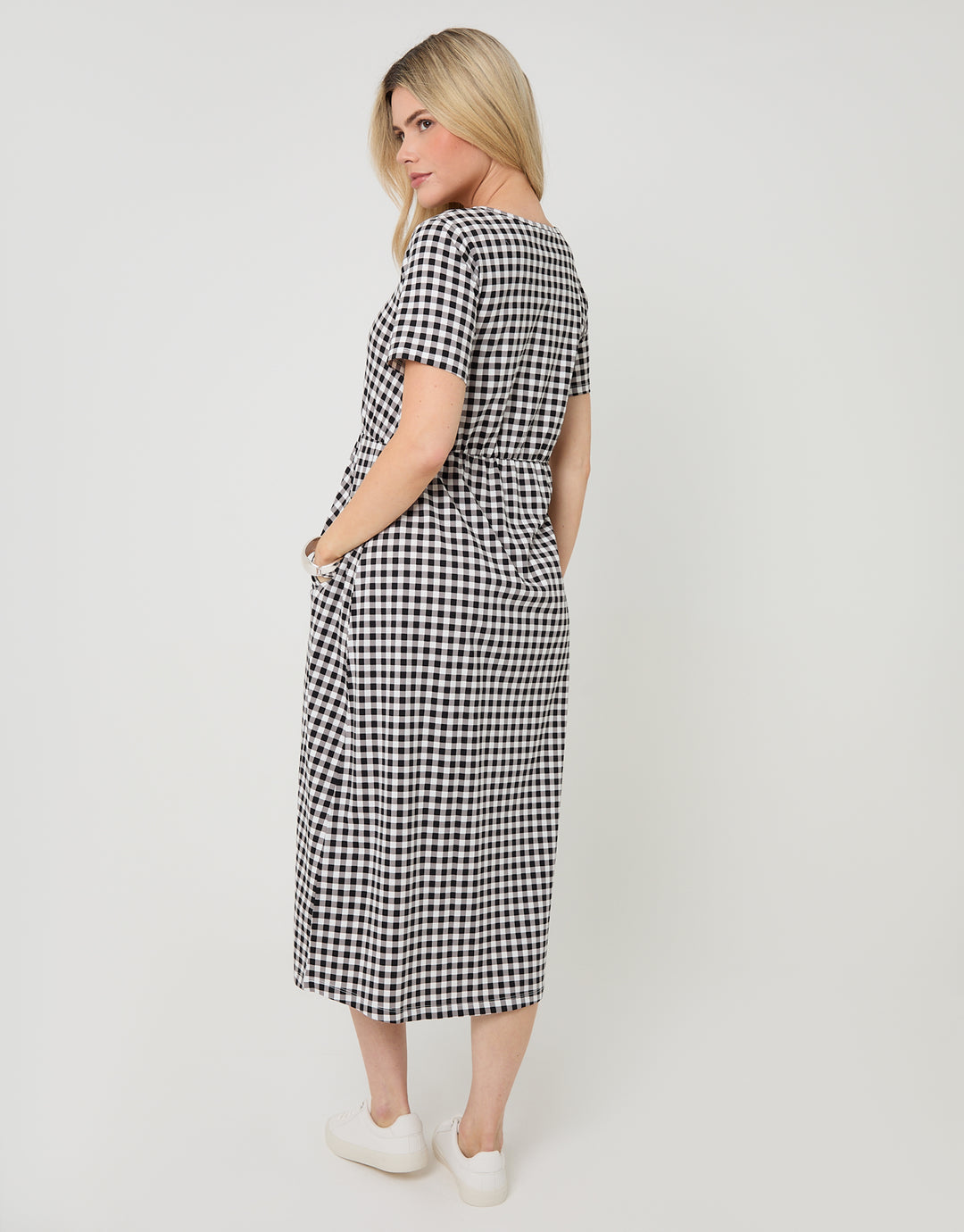 Black Gingham Jersey Midi Smock Dress with Pockets