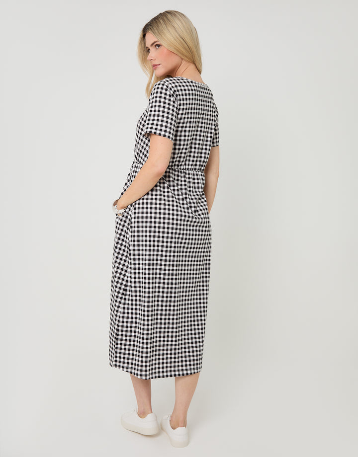 Black Gingham Jersey Midi Smock Dress with Pockets