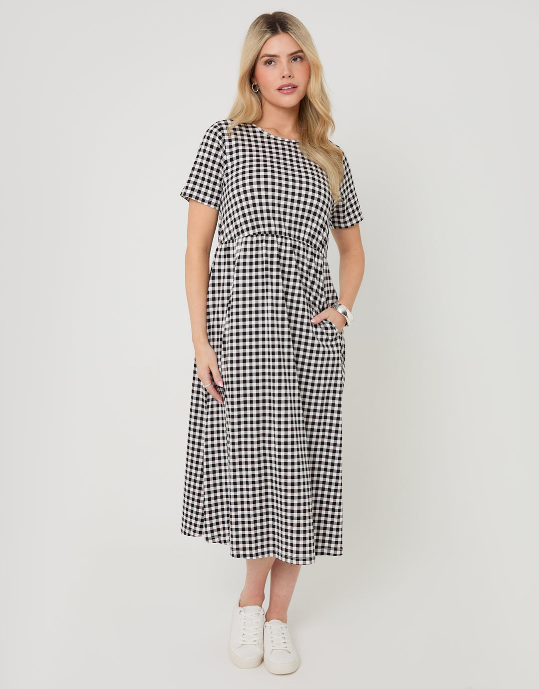 Black Gingham Jersey Midi Smock Dress with Pockets