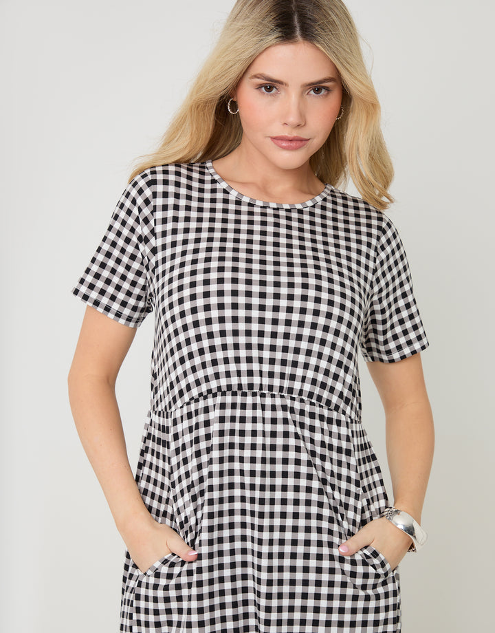 Black Gingham Jersey Midi Smock Dress with Pockets