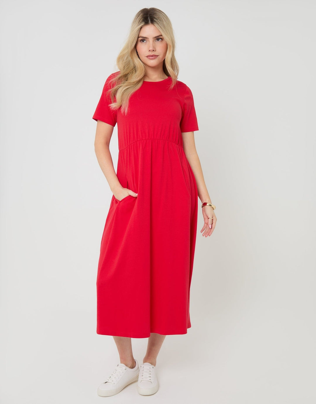 Cotton Midi Smock Dress with Pockets in Red