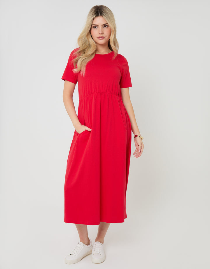 Red Jersey Midi Smock Dress with Pockets