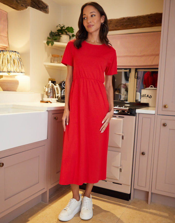 Red Jersey Midi Smock Dress with Pockets