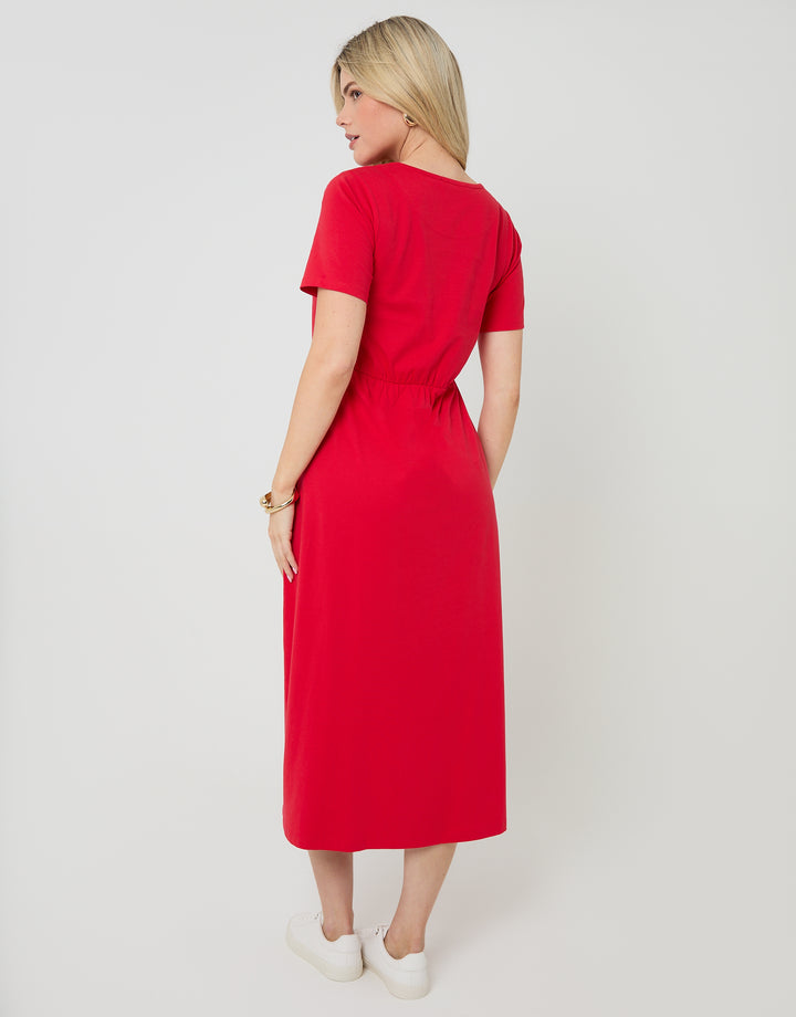 Red Jersey Midi Smock Dress with Pockets