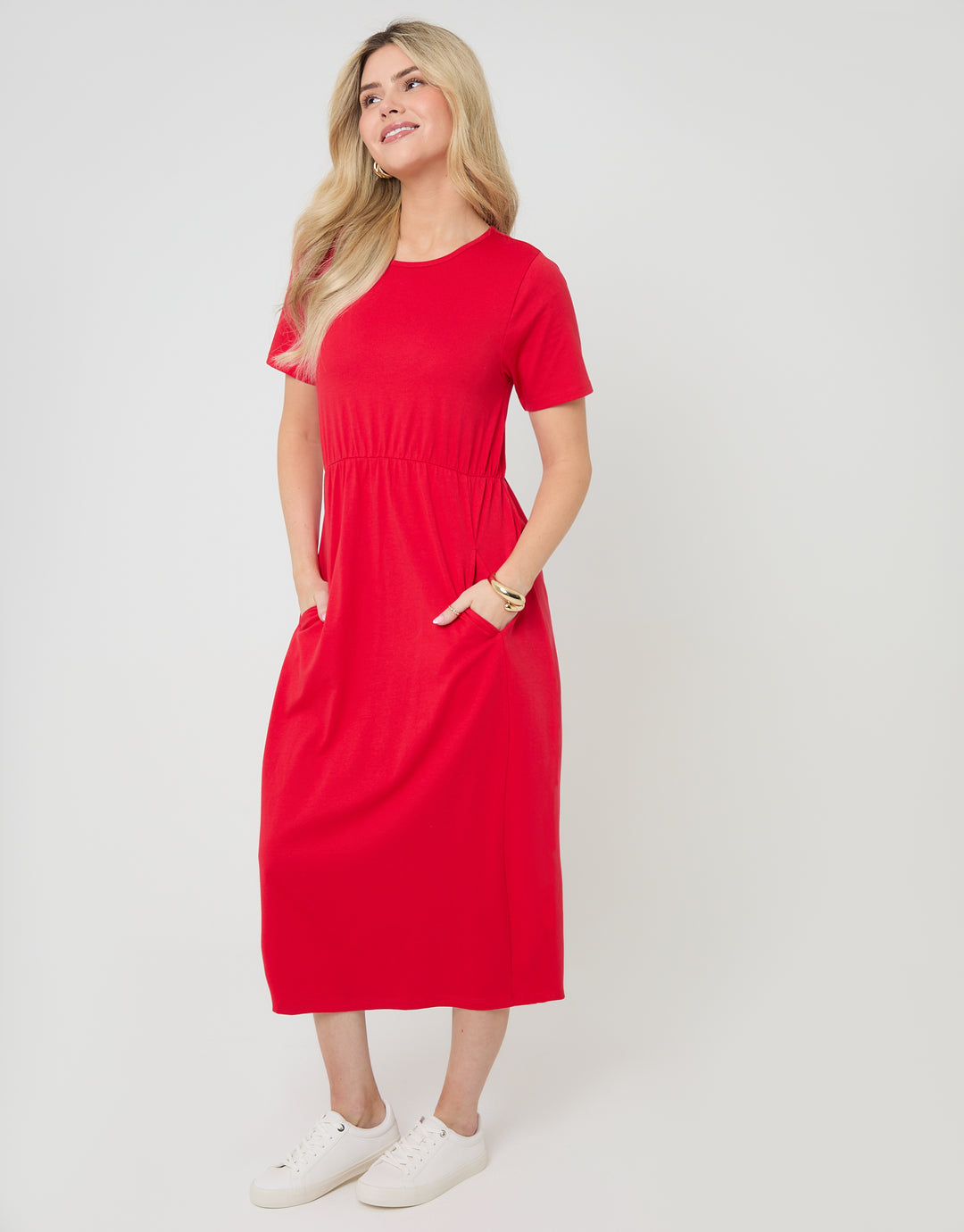 Red Jersey Midi Smock Dress with Pockets