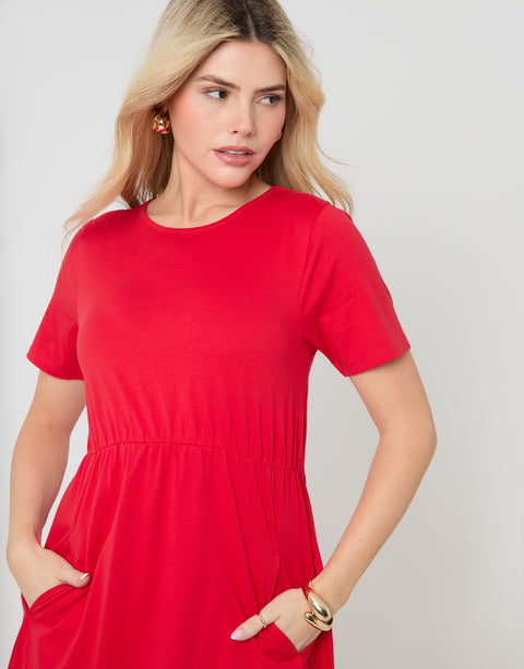 Threadbare Jersey Midi Smock Dress with Pockets in Red - front view close up