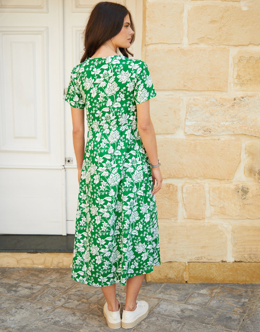 Green Floral Print Jersey Midi Smock Dress with Pockets