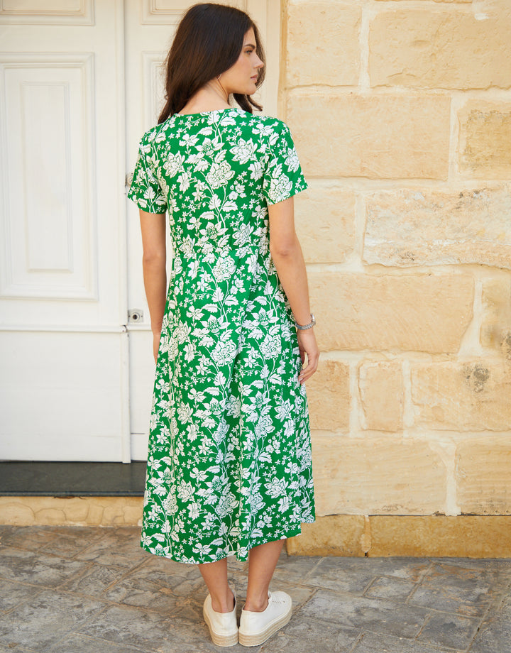 Green Floral Print Jersey Midi Smock Dress with Pockets