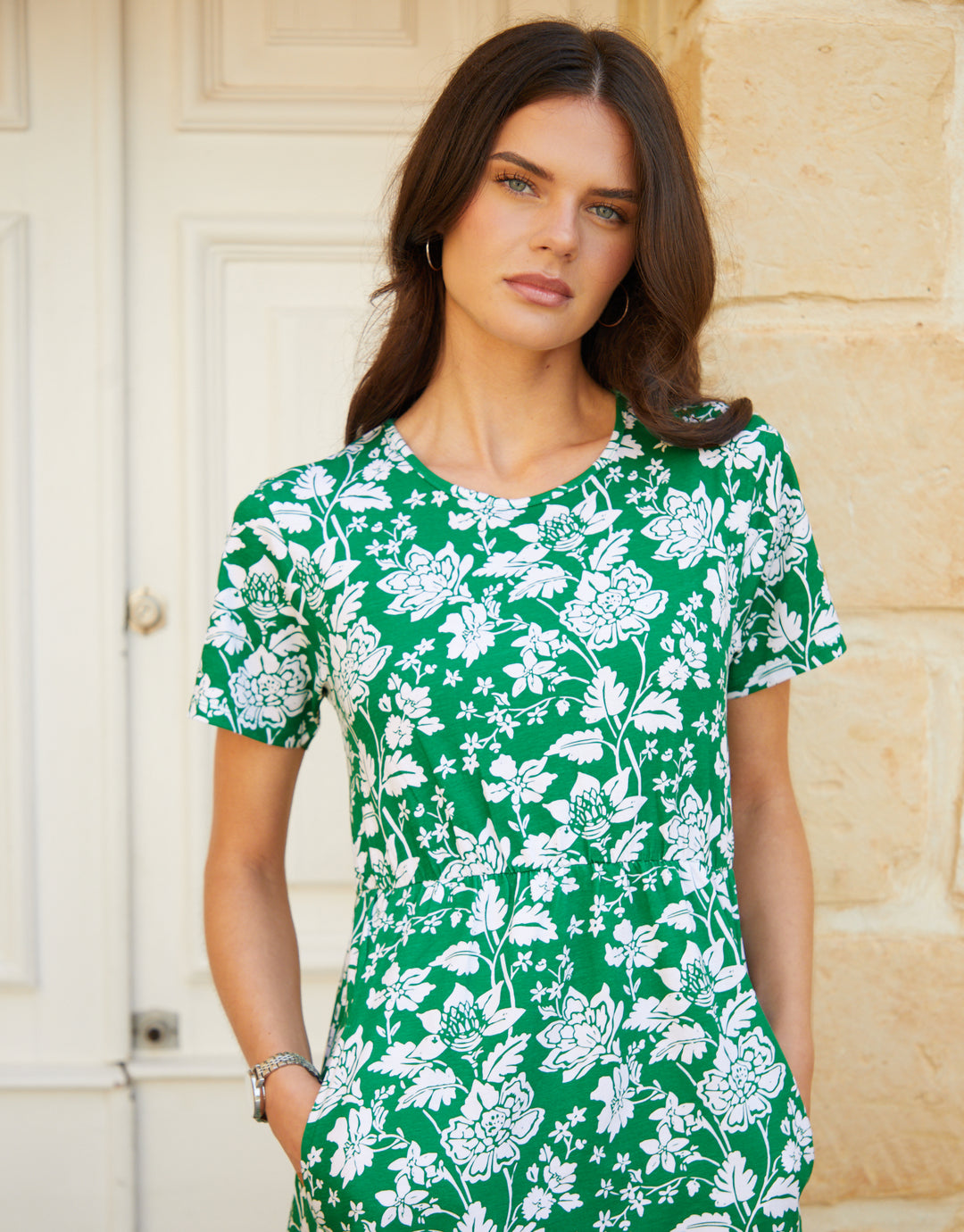 Green Floral Print Jersey Midi Smock Dress with Pockets