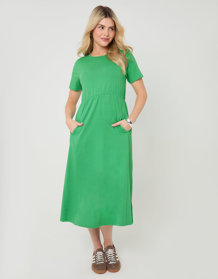 Jersey Midi Smock Dress with Pockets in Green Jersey Midi Smock Dress with Pockets in Green