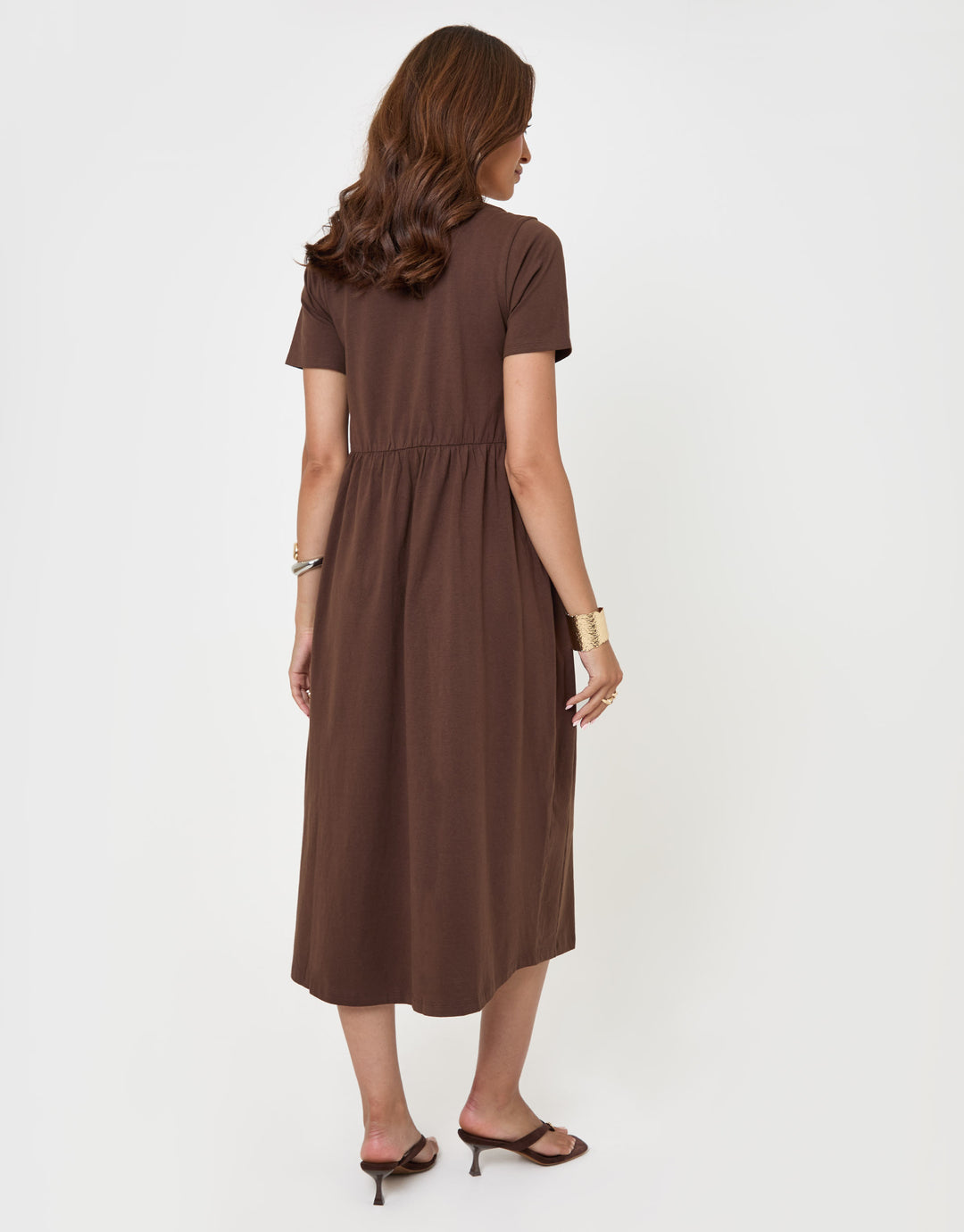 Threadbare Pure Cotton Midi Smock Dress with Pockets in Chocolate Brown - back view