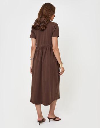 Threadbare Pure Cotton Midi Smock Dress with Pockets in Chocolate Brown - back view