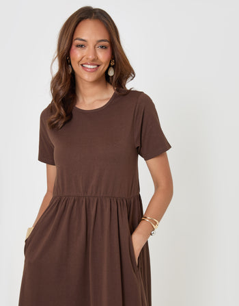 Threadbare Pure Cotton Midi Smock Dress with Pockets in Chocolate Brown - front close up
