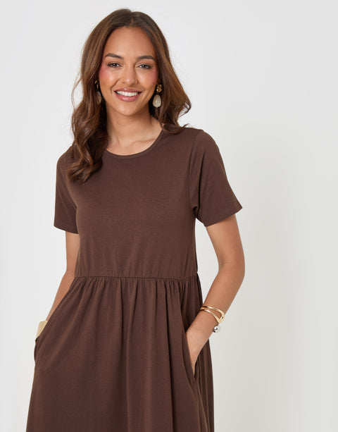 Threadbare Pure Cotton Midi Smock Dress with Pockets in Chocolate Brown - front close up