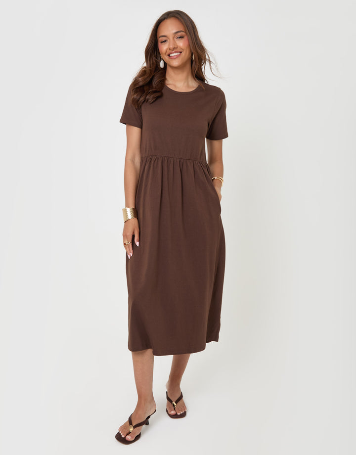 Threadbare Pure Cotton Midi Smock Dress with Pockets in Chocolate Brown - full outfit view