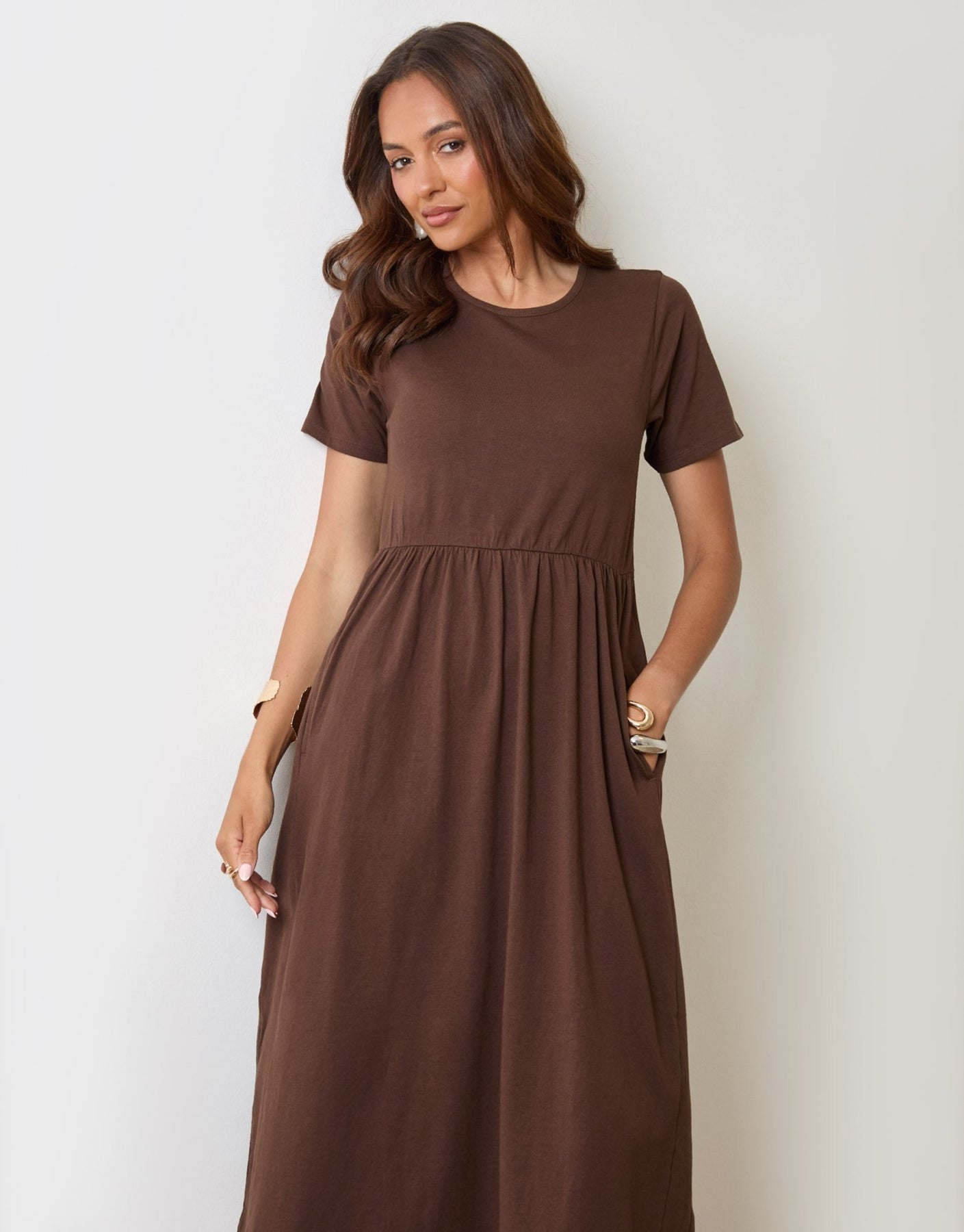Cotton Midi Smock Dress with Pockets in Chocolate Brown