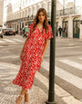 Red Floral Print Flutter Sleeve Midi Dress