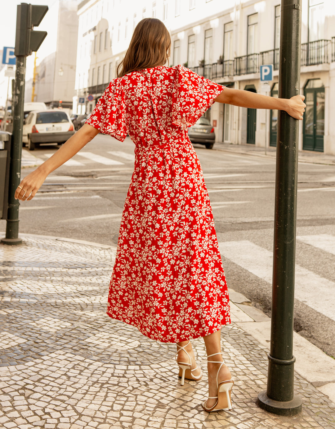Red Floral Print Flutter Sleeve Midi Dress