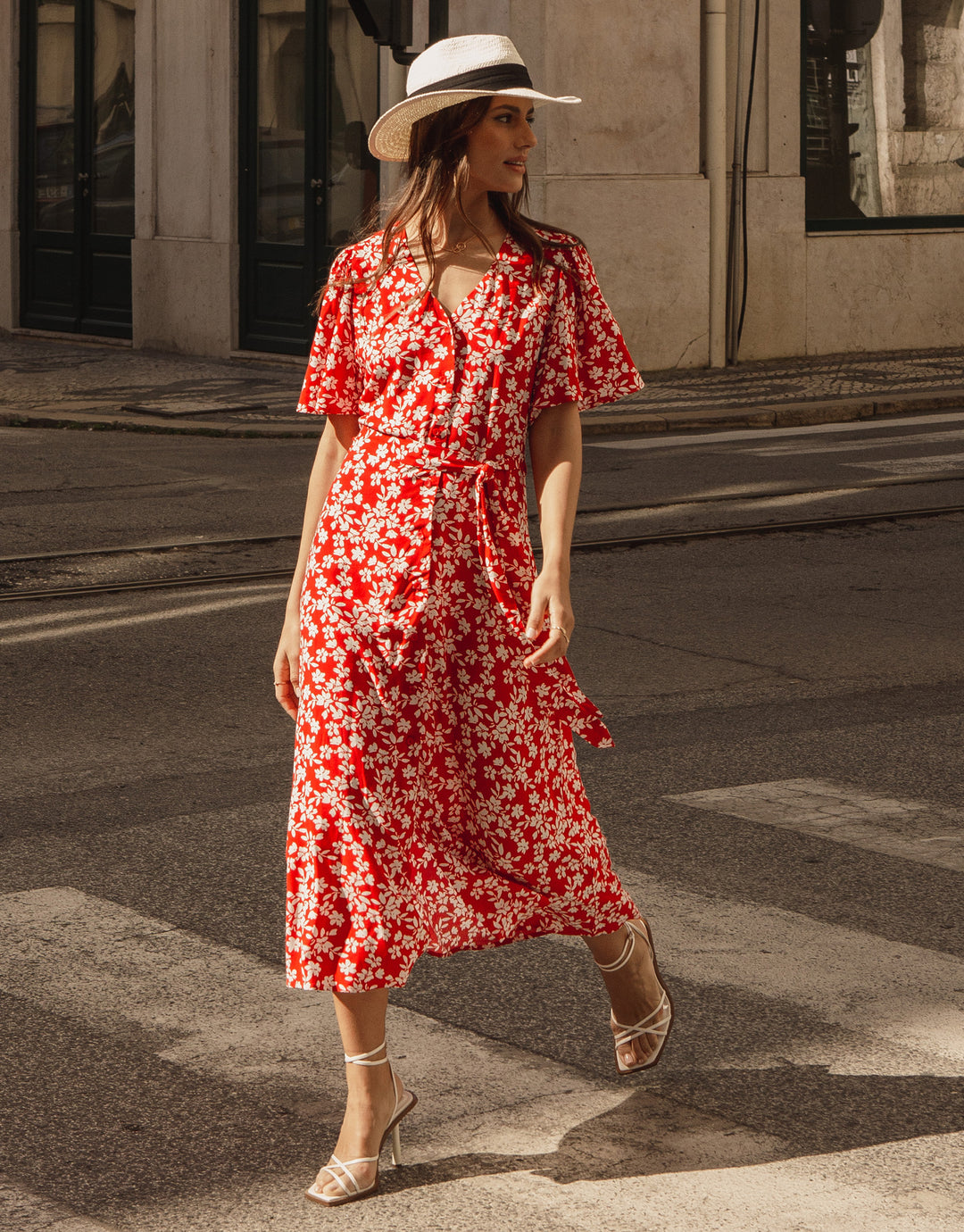 Red Floral Print Flutter Sleeve Midi Dress