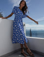 Blue Leaf Print Flutter Sleeve Midi Dress