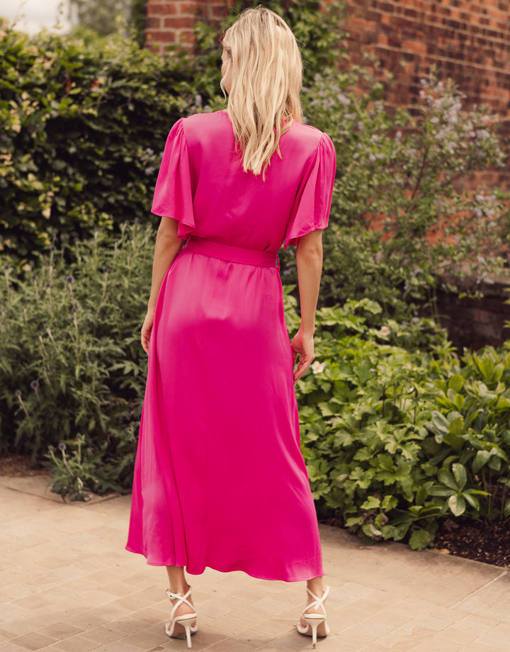 Pink Satin Button Down Midi Dress