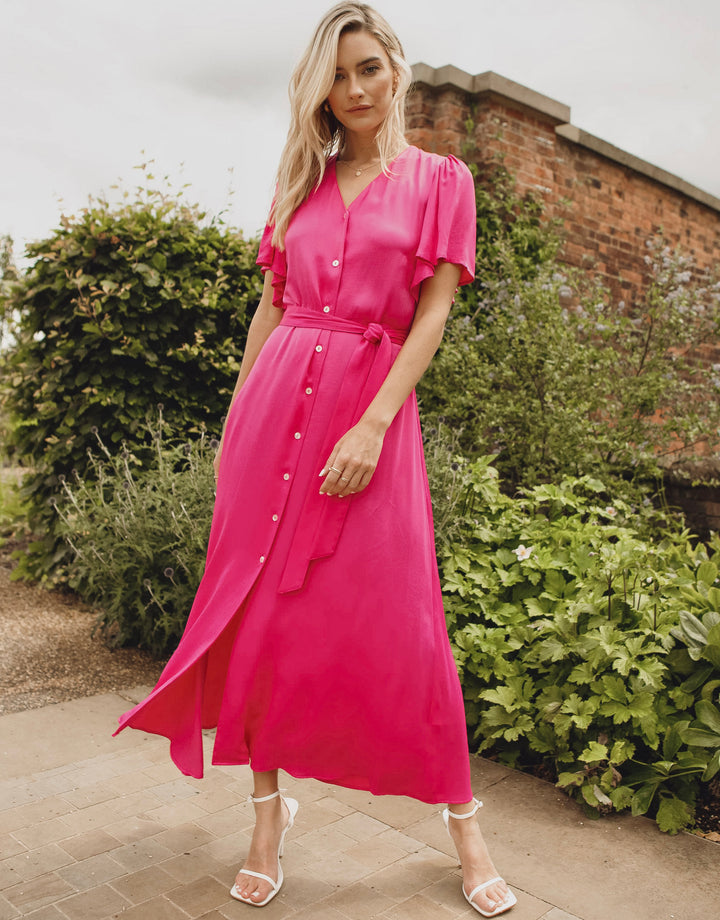 Pink Satin Button Down Midi Dress