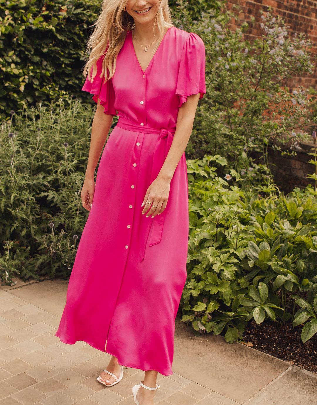 Pink Satin Button Down Midi Dress
