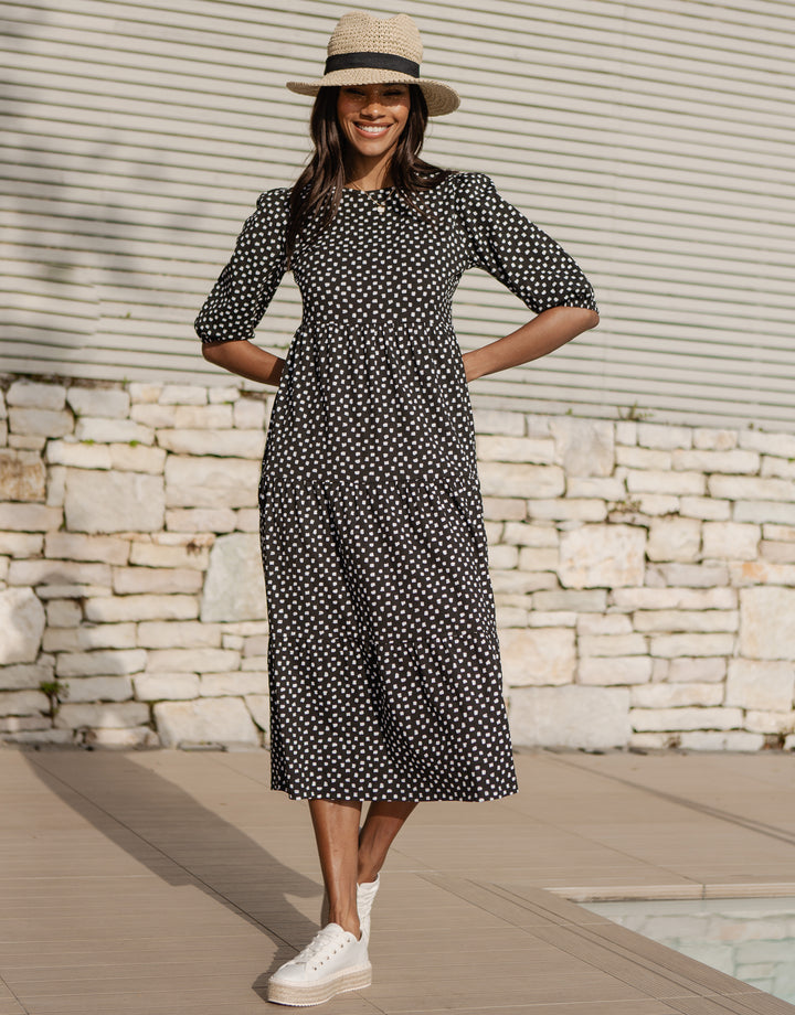 Black Abstract Dot Tiered Midi Dress