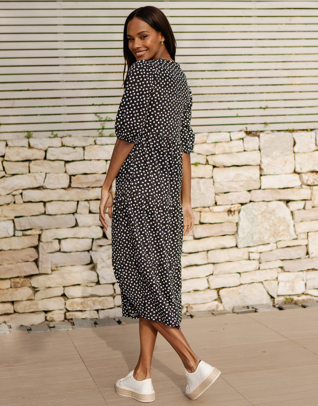 Black Abstract Dot Tiered Midi Dress