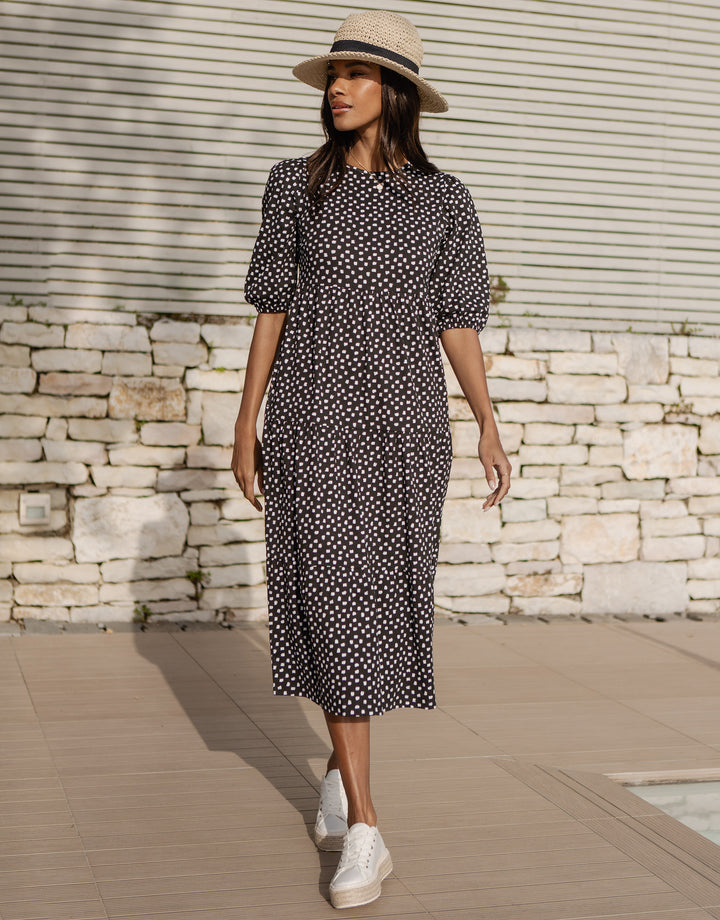Black Abstract Dot Tiered Midi Dress