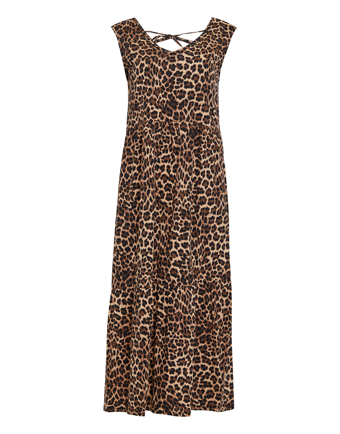 Leopard Print Tiered Sleeveless Midi Dress with Pockets